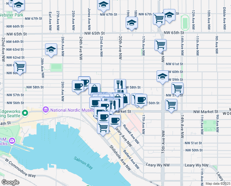map of restaurants, bars, coffee shops, grocery stores, and more near 2012 Northwest 56th Street in Seattle