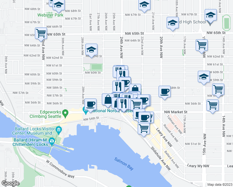map of restaurants, bars, coffee shops, grocery stores, and more near 5615 Northwest 57th Street in Seattle
