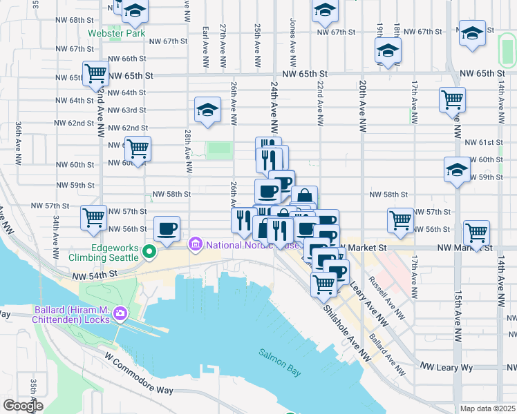 map of restaurants, bars, coffee shops, grocery stores, and more near 5615 Northwest 57th Street in Seattle