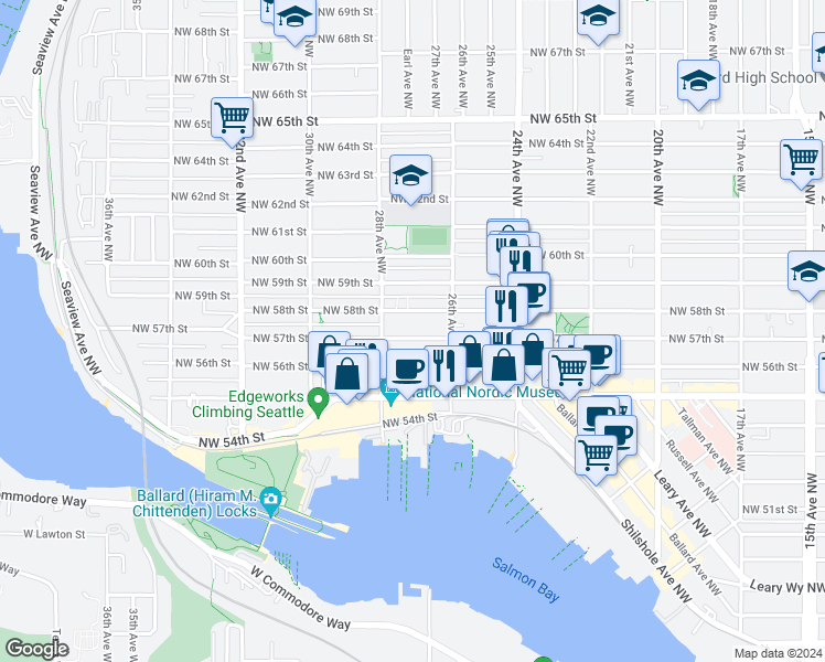 map of restaurants, bars, coffee shops, grocery stores, and more near 2619B Northwest 57th Street in Seattle