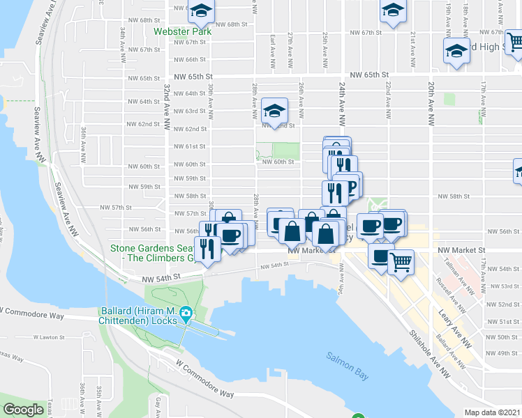 map of restaurants, bars, coffee shops, grocery stores, and more near 5616 28th Avenue Northwest in Seattle