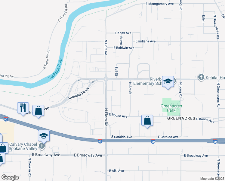 map of restaurants, bars, coffee shops, grocery stores, and more near 1316 North Coach Drive in Spokane Valley