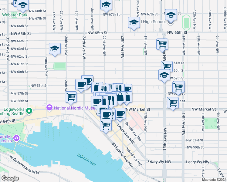 map of restaurants, bars, coffee shops, grocery stores, and more near 2012 Northwest 56th Street in Seattle