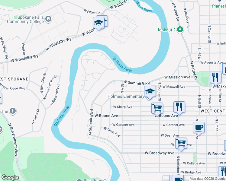 map of restaurants, bars, coffee shops, grocery stores, and more near 2918 West Sinto Avenue in Spokane