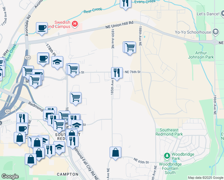 map of restaurants, bars, coffee shops, grocery stores, and more near 7501 185th Avenue Northeast in Redmond
