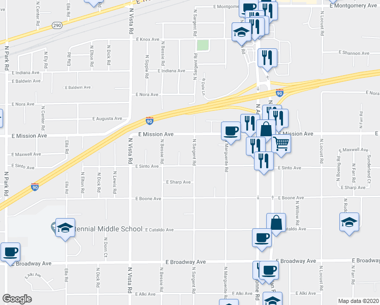 map of restaurants, bars, coffee shops, grocery stores, and more near 1419 North Sargent Road in Spokane Valley