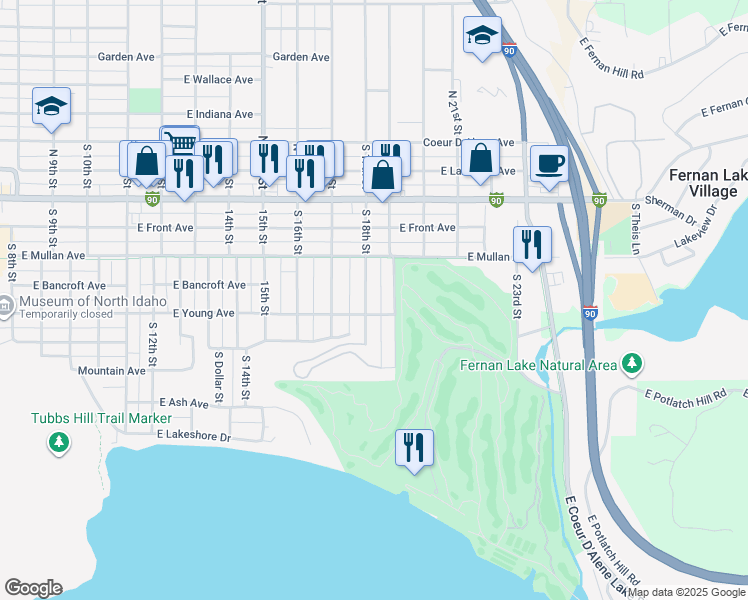 map of restaurants, bars, coffee shops, grocery stores, and more near 1803 East Young Avenue in Coeur d'Alene