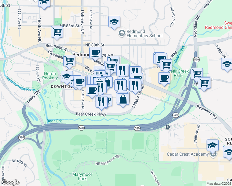 map of restaurants, bars, coffee shops, grocery stores, and more near 7405 168th Avenue Northeast in Redmond