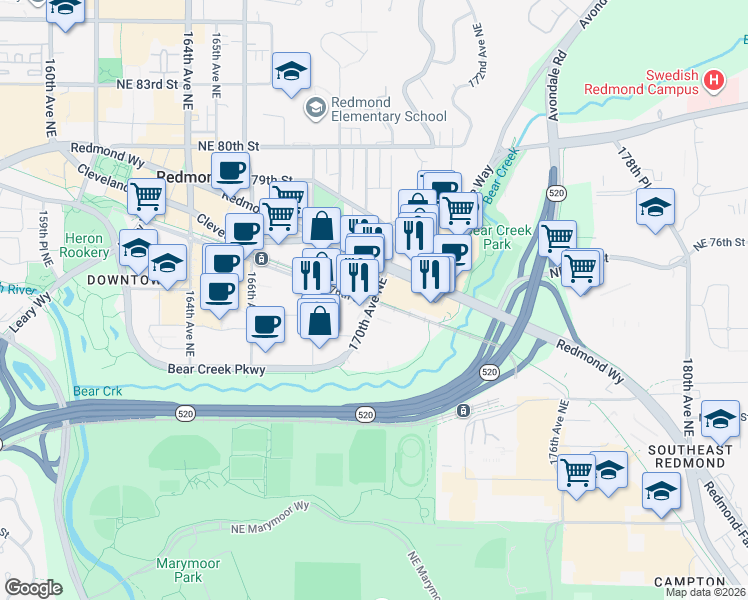 map of restaurants, bars, coffee shops, grocery stores, and more near 7448 170th Avenue Northeast in Redmond