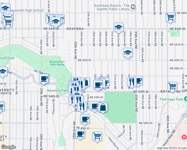 map of restaurants, bars, coffee shops, grocery stores, and more near 5707 28th Avenue Northeast in Seattle