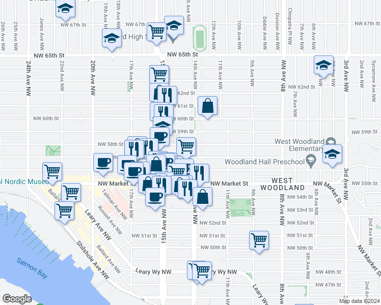 map of restaurants, bars, coffee shops, grocery stores, and more near 5707 14th Avenue Northwest in Seattle