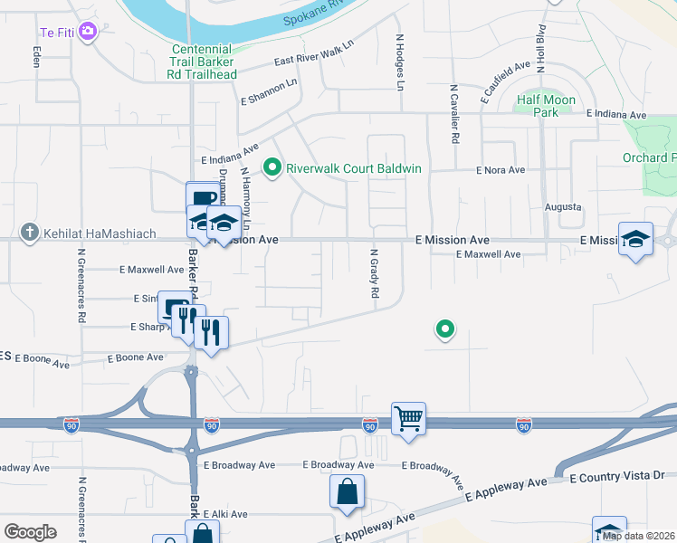 map of restaurants, bars, coffee shops, grocery stores, and more near 19201 East Boone Avenue in Spokane Valley