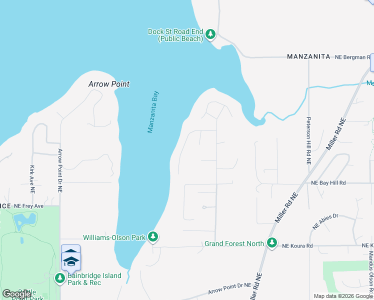 map of restaurants, bars, coffee shops, grocery stores, and more near 6565 Honeysuckle Lane in Bainbridge Island