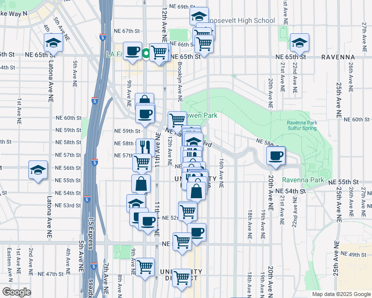 map of restaurants, bars, coffee shops, grocery stores, and more near 5634 Brooklyn Avenue Northeast in Seattle