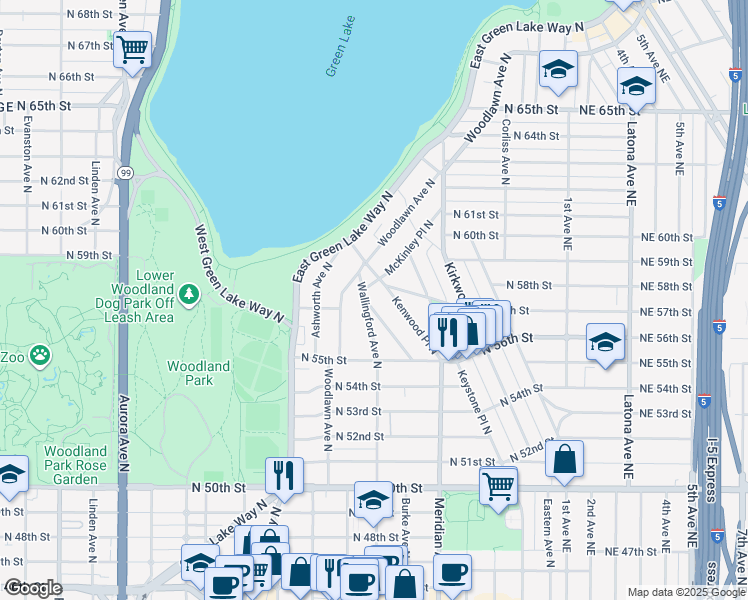 map of restaurants, bars, coffee shops, grocery stores, and more near 5547 Wallingford Avenue North in Seattle