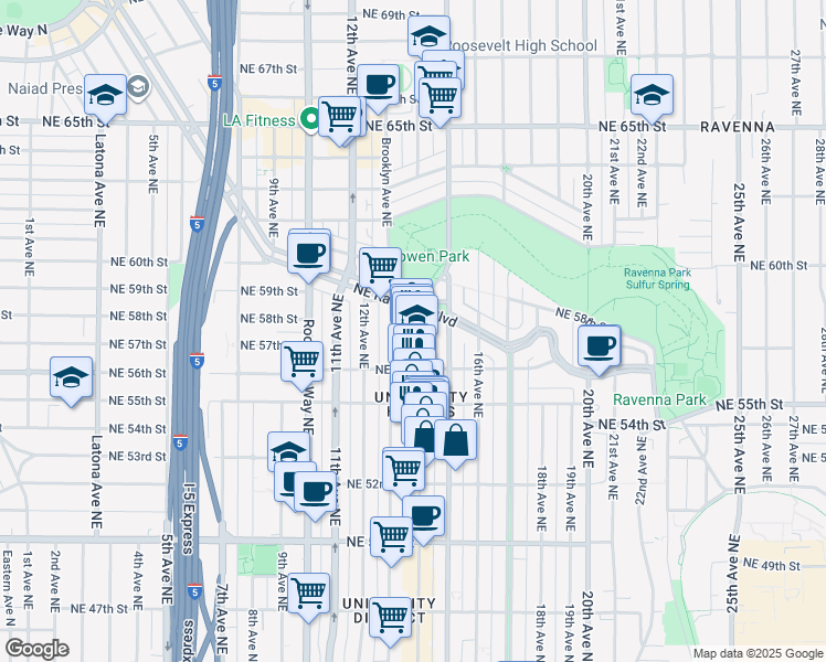 map of restaurants, bars, coffee shops, grocery stores, and more near 5619 University Way Northeast in Seattle