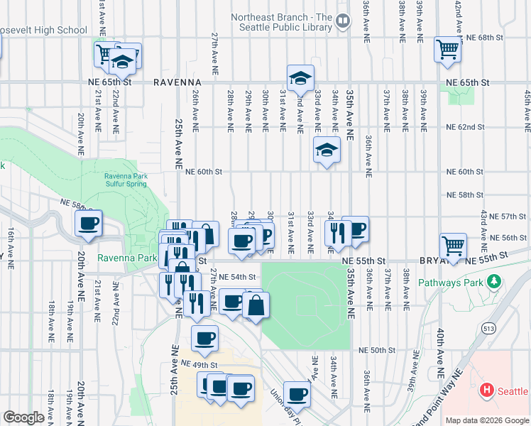 map of restaurants, bars, coffee shops, grocery stores, and more near 5550 30th Avenue Northeast in Seattle