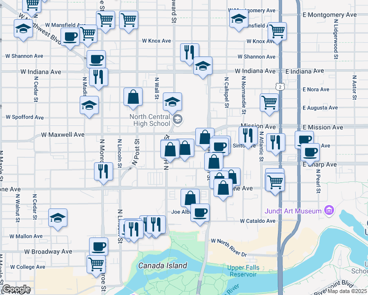 map of restaurants, bars, coffee shops, grocery stores, and more near 506 West Sinto Avenue in Spokane