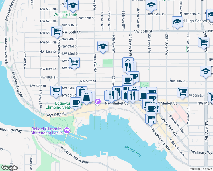map of restaurants, bars, coffee shops, grocery stores, and more near 2619B Northwest 57th Street in Seattle