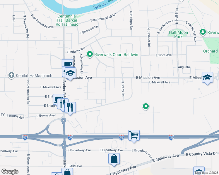 map of restaurants, bars, coffee shops, grocery stores, and more near 19201 East Boone Avenue in Spokane Valley