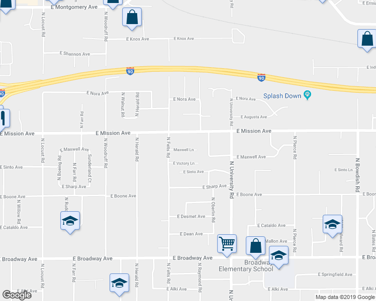 map of restaurants, bars, coffee shops, grocery stores, and more near 10323 East Victory Lane in Spokane Valley