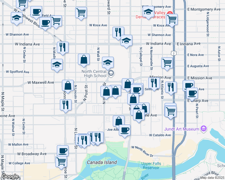 map of restaurants, bars, coffee shops, grocery stores, and more near 519 West Sinto Avenue in Spokane