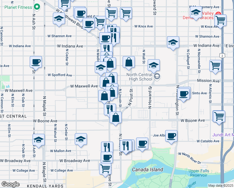 map of restaurants, bars, coffee shops, grocery stores, and more near 1322 North Monroe Street in Spokane