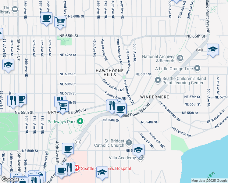 map of restaurants, bars, coffee shops, grocery stores, and more near 4569 Purdue Avenue Northeast in Seattle