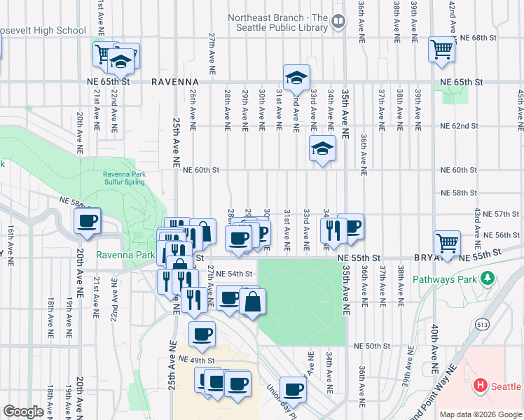 map of restaurants, bars, coffee shops, grocery stores, and more near 5550 30th Avenue Northeast in Seattle