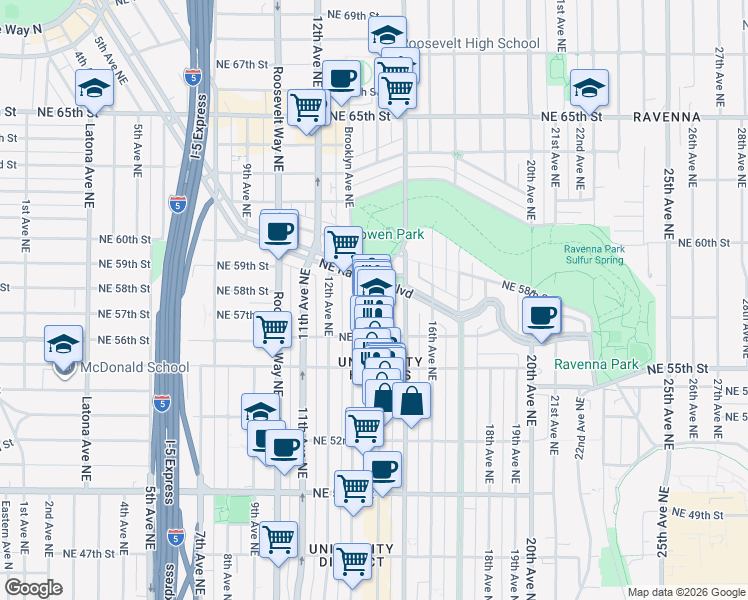 map of restaurants, bars, coffee shops, grocery stores, and more near 5619 University Way Northeast in Seattle