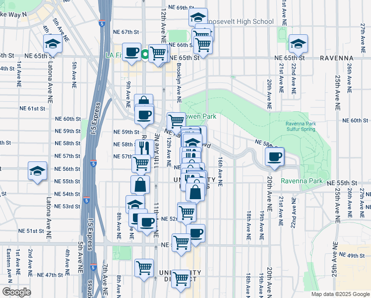 map of restaurants, bars, coffee shops, grocery stores, and more near 5619 Brooklyn Avenue Northeast in Seattle
