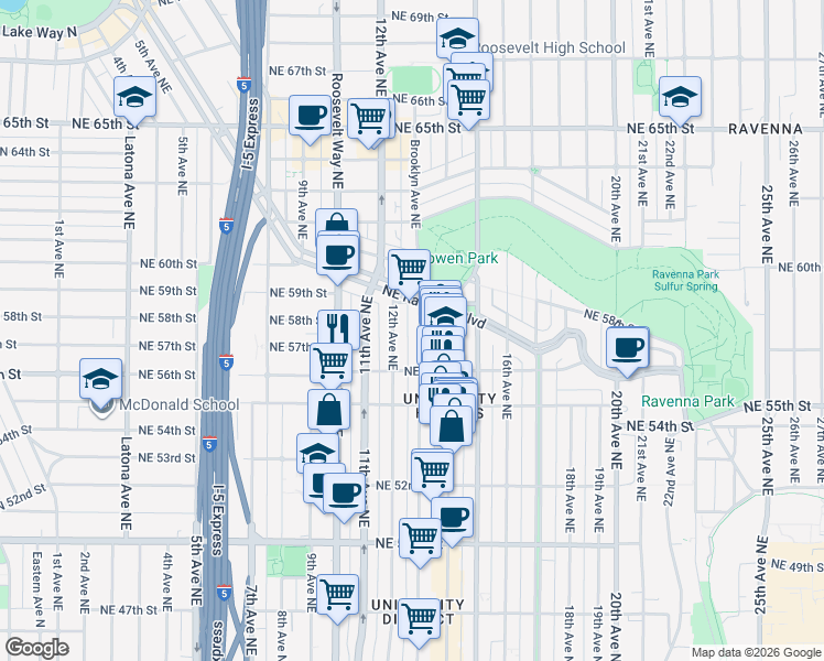 map of restaurants, bars, coffee shops, grocery stores, and more near 5619 Brooklyn Avenue Northeast in Seattle