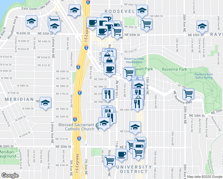 map of restaurants, bars, coffee shops, grocery stores, and more near 5618 Roosevelt Way Northeast in Seattle