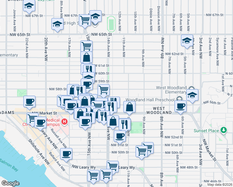 map of restaurants, bars, coffee shops, grocery stores, and more near 1151 Northwest 57th Street in Seattle