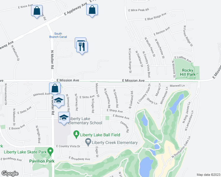 map of restaurants, bars, coffee shops, grocery stores, and more near 24112 East Maxwell Avenue in Liberty Lake