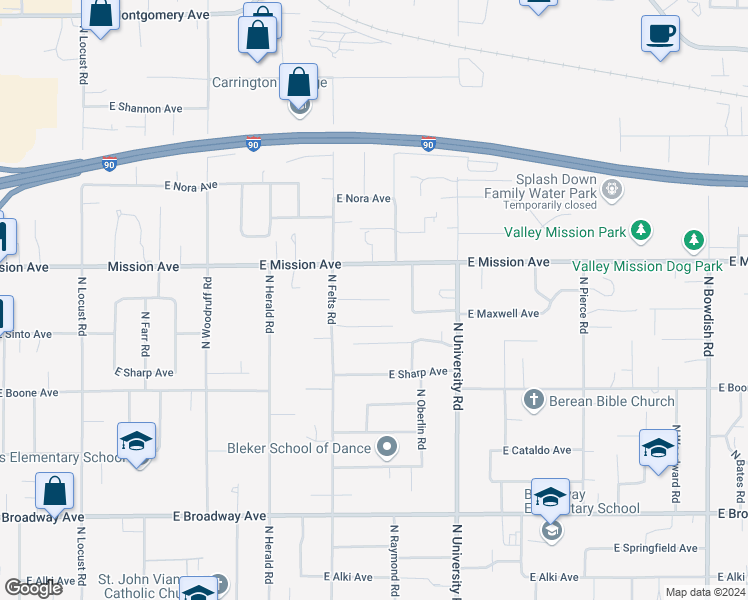 map of restaurants, bars, coffee shops, grocery stores, and more near 10425 Maxwell Lane in Spokane Valley
