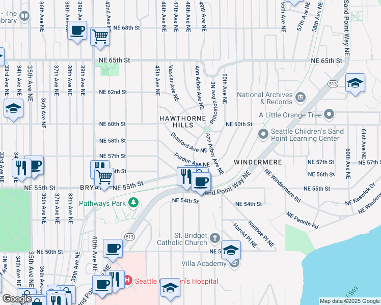 map of restaurants, bars, coffee shops, grocery stores, and more near 4569 Purdue Avenue Northeast in Seattle
