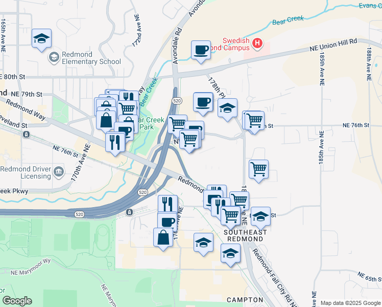 map of restaurants, bars, coffee shops, grocery stores, and more near 17667 Northeast 76th Street in Redmond