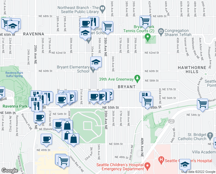map of restaurants, bars, coffee shops, grocery stores, and more near 5706 35th Avenue Northeast in Seattle