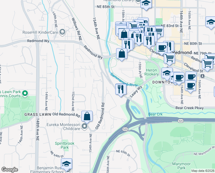 map of restaurants, bars, coffee shops, grocery stores, and more near 7250 Old Redmond Road in Redmond
