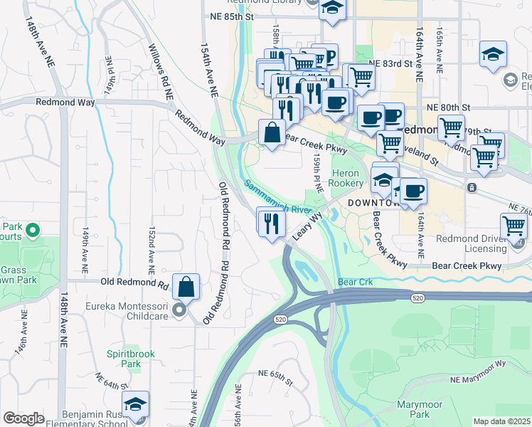 map of restaurants, bars, coffee shops, grocery stores, and more near 7416 West Lake Sammamish Parkway Northeast in Redmond