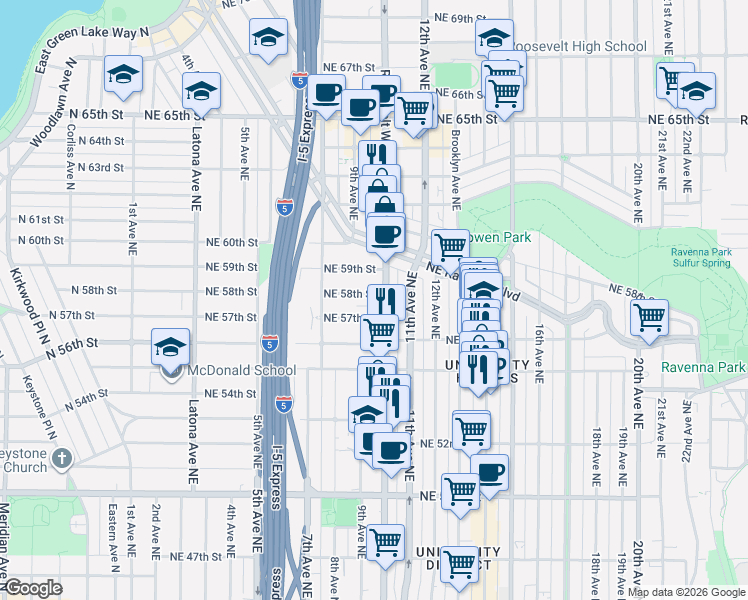 map of restaurants, bars, coffee shops, grocery stores, and more near 851 Northeast 58th Street in Seattle