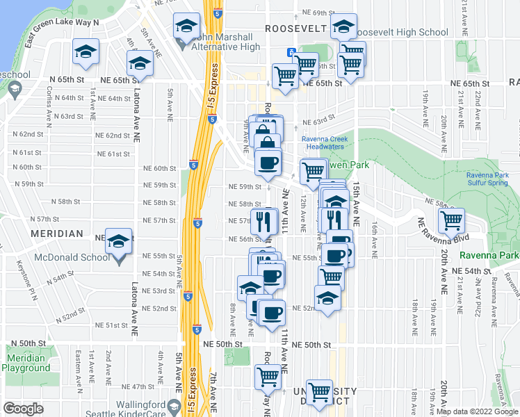 map of restaurants, bars, coffee shops, grocery stores, and more near 851 Northeast 58th Street in Seattle