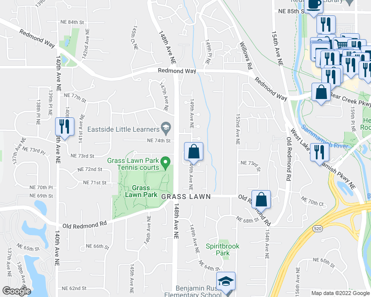 map of restaurants, bars, coffee shops, grocery stores, and more near 14842 Northeast 73rd Way in Redmond