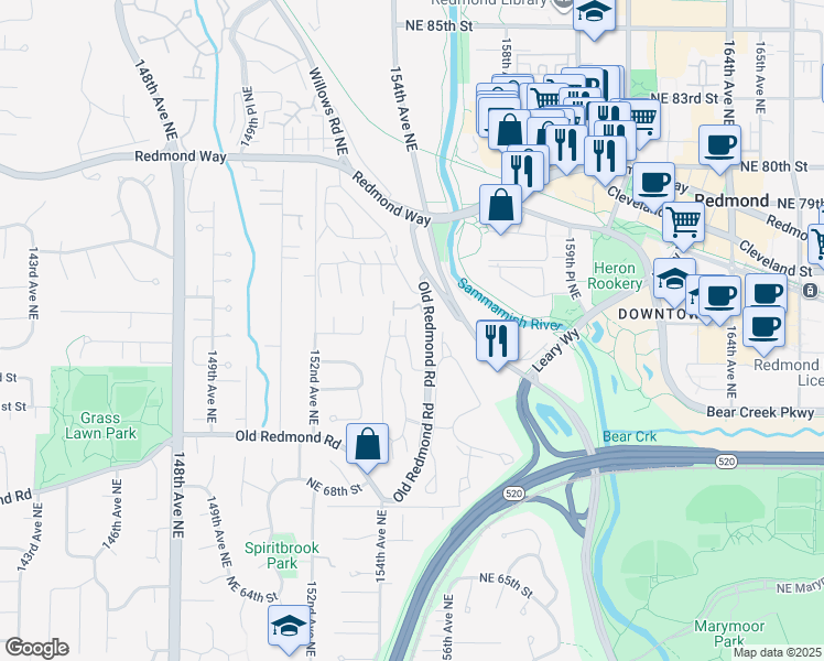 map of restaurants, bars, coffee shops, grocery stores, and more near 7001 Old Redmond Road in Redmond