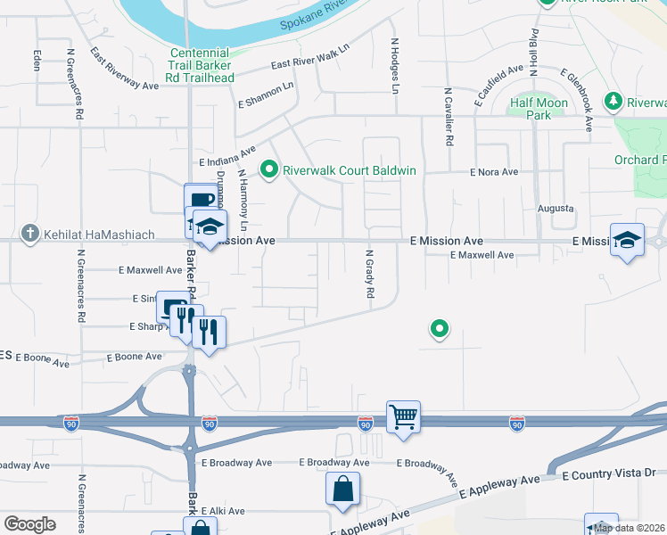 map of restaurants, bars, coffee shops, grocery stores, and more near 19201 East Boone Avenue in Spokane Valley