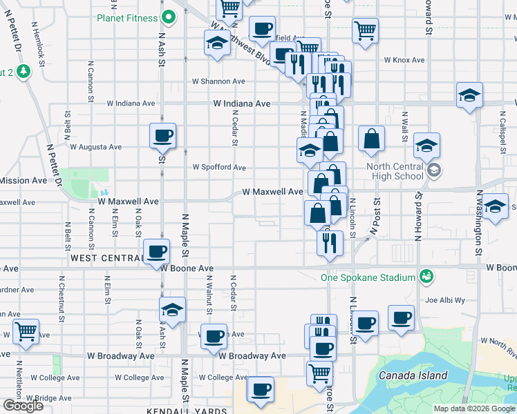 map of restaurants, bars, coffee shops, grocery stores, and more near 1217 West Sinto Avenue in Spokane