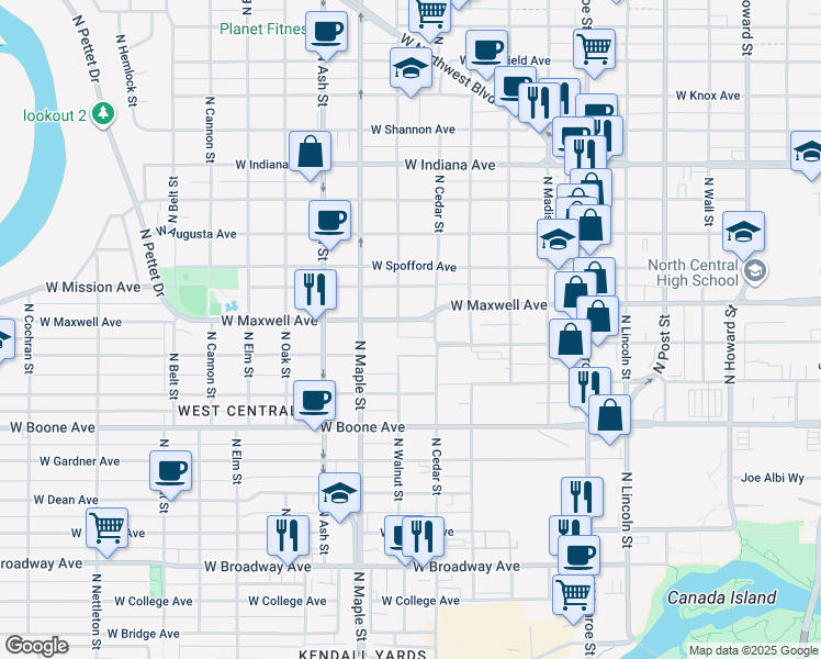 map of restaurants, bars, coffee shops, grocery stores, and more near 1411 North Cedar Street in Spokane