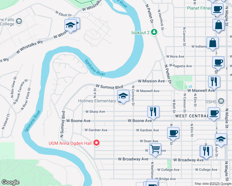 map of restaurants, bars, coffee shops, grocery stores, and more near 1401 North Lindeke Street in Spokane
