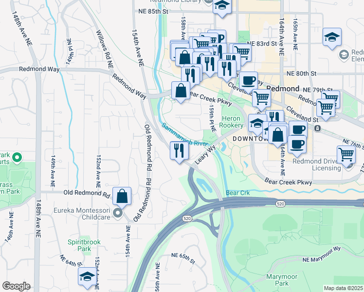 map of restaurants, bars, coffee shops, grocery stores, and more near 7292 West Lake Sammamish Parkway Northeast in Redmond